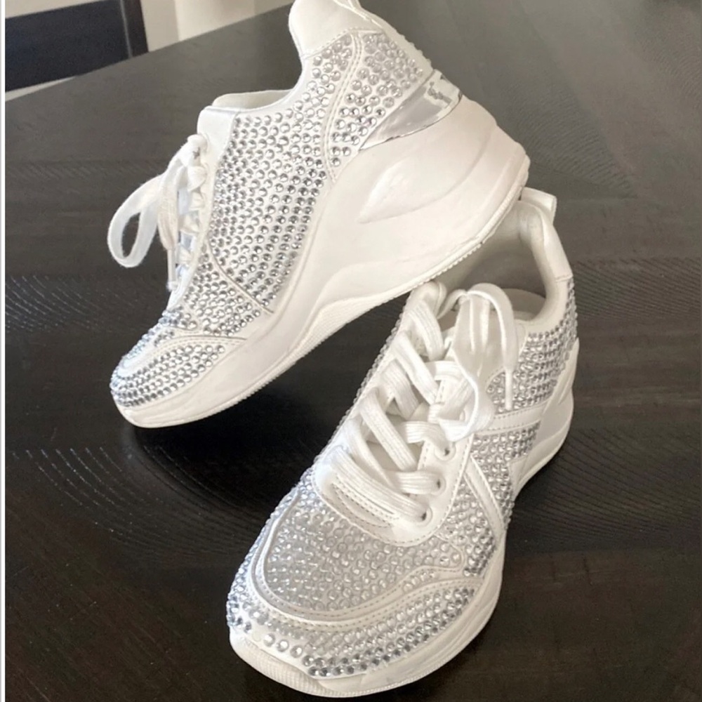 New Aldo White Rhinestone Platform Lace-Up Sneakers Sz 6